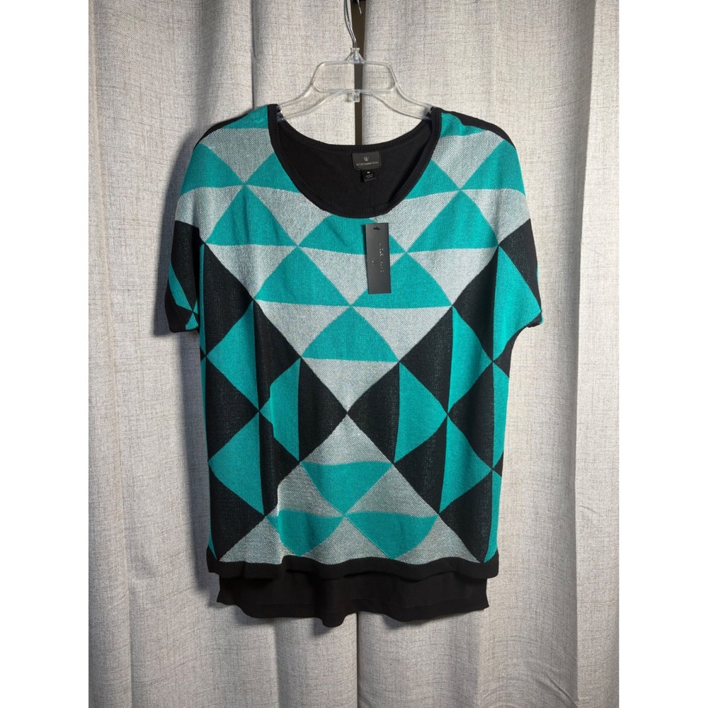 Worthington Women Teal Black Geometric Triangle Short Sleeve Knit Top Medium NWT